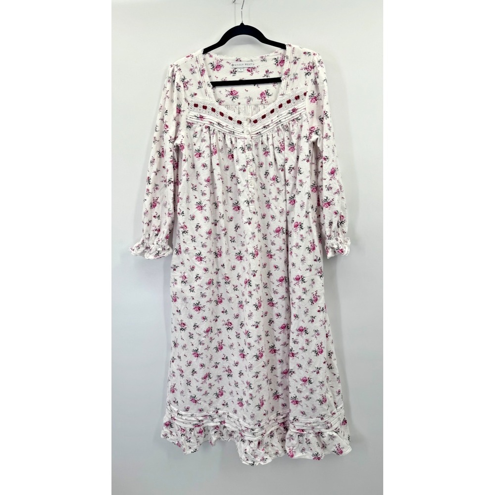 Eileen West Floral Flannel Lace White Pink Roses Night Gown Small Cozy Pockets